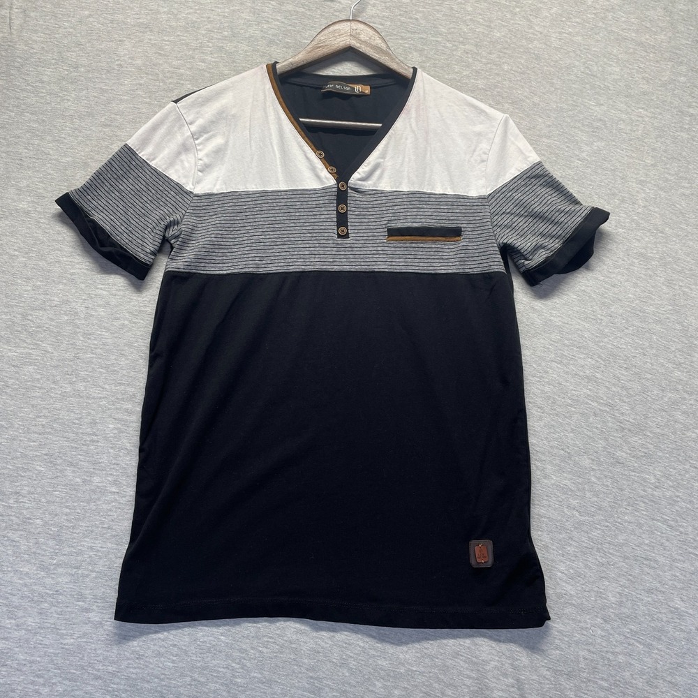 Leif Nelson T Shirt Men Medium Black Gray Stripe Cotton Short Sleeve Henley Neck